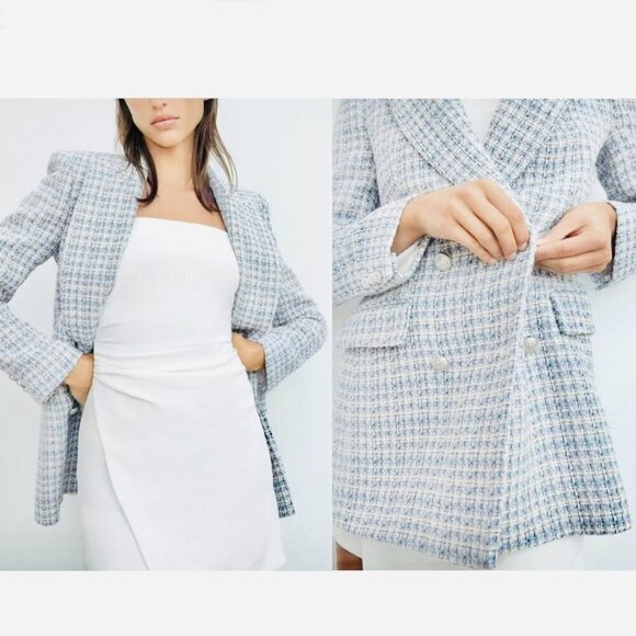 XS - Zara Tweed Blue & White Textured Double Breasted Blazer Jacket - Picture 13 of 15
